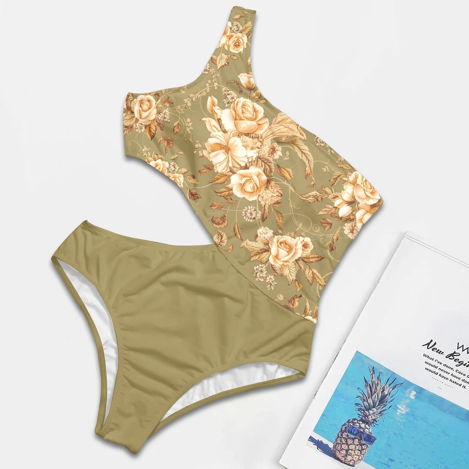 Vampire Art Chic Cutout One-Shoulder One Piece Swimsuit - Vintage Florals with Plain Khaki Green