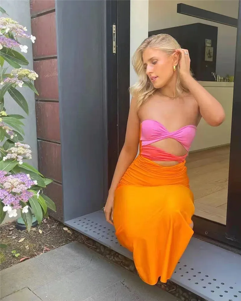 Women Summer Hollow Out Long Dress Bodycon Backless Maxi Dress Off-Shoulder Strapless Knot Cutout Cocktail Dress