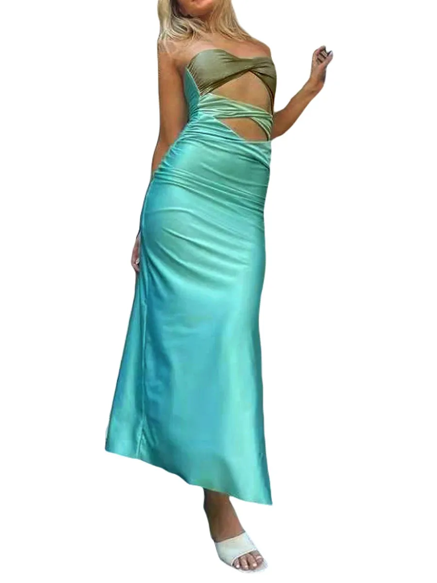 Women Summer Hollow Out Long Dress Bodycon Backless Maxi Dress Off-Shoulder Strapless Knot Cutout Cocktail Dress