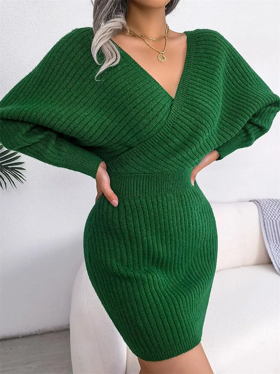 Women's Sweater Dress Jumper Dress Casual Dress Mini Dress Warm Pure Color Outdoor Casual Daily Going out Surplice Neck Long Sleeve