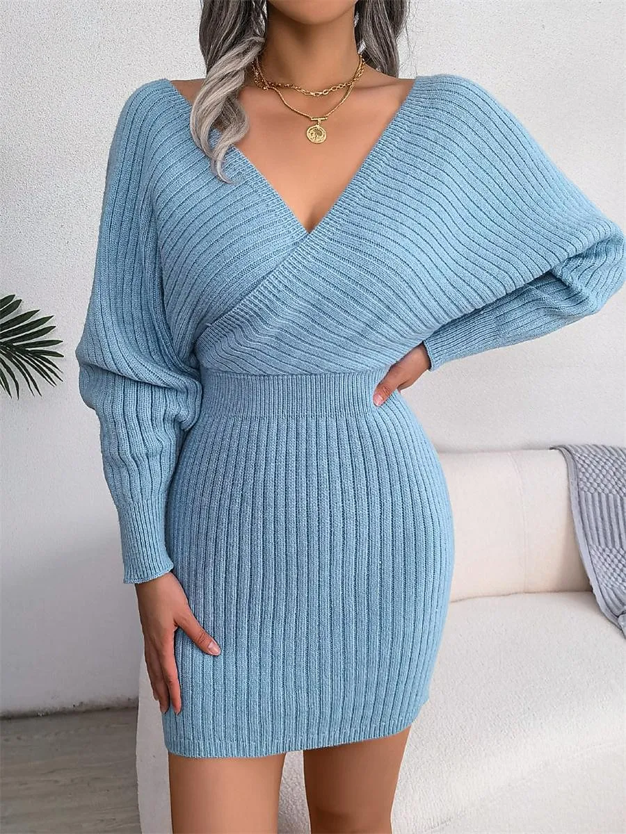 Women's Sweater Dress Jumper Dress Casual Dress Mini Dress Warm Pure Color Outdoor Casual Daily Going out Surplice Neck Long Sleeve