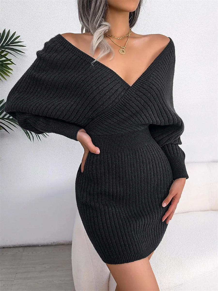 Women's Sweater Dress Jumper Dress Casual Dress Mini Dress Warm Pure Color Outdoor Casual Daily Going out Surplice Neck Long Sleeve
