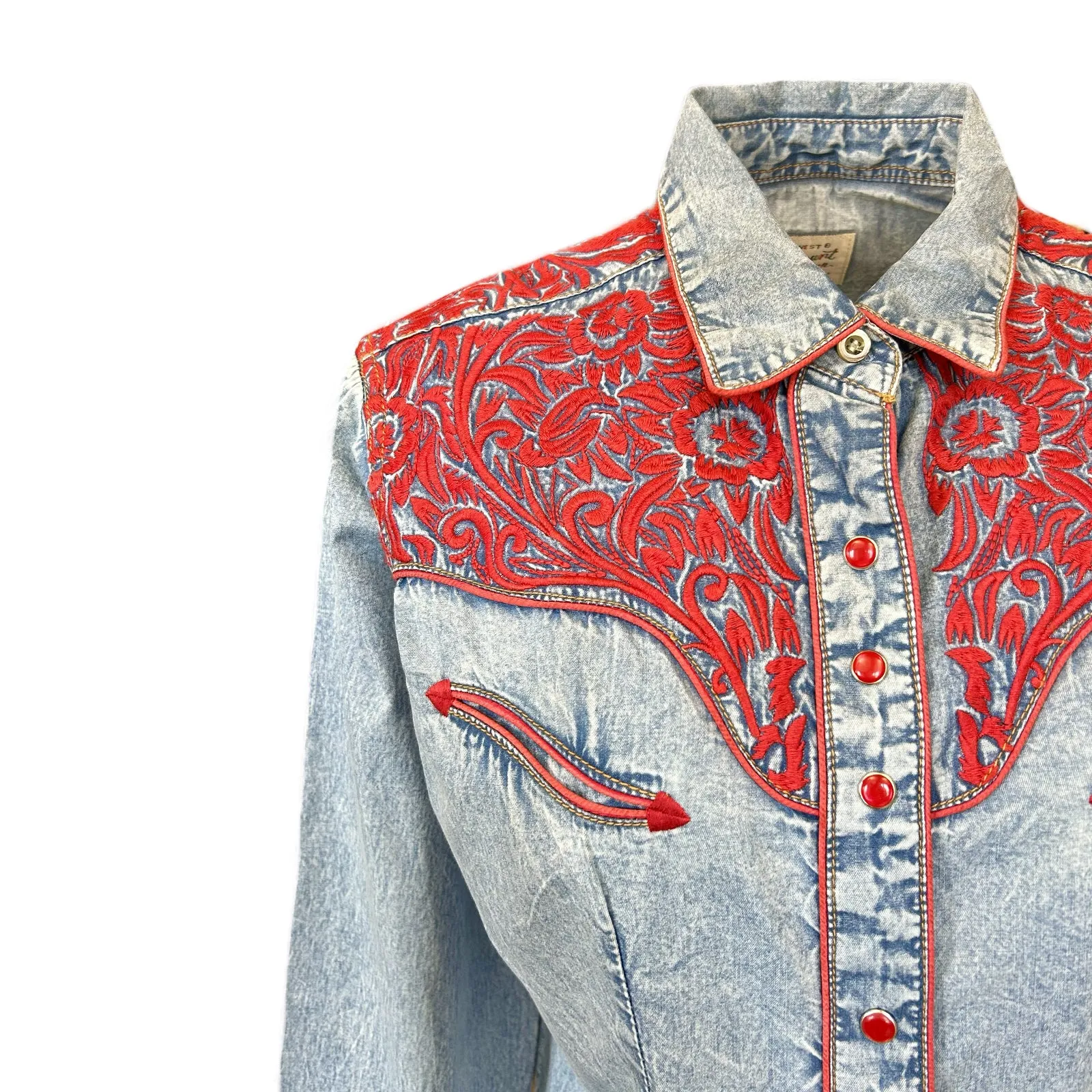 Women's Vintage Tooling Embroidery Denim & Red Western Shirt